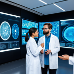 A diverse group of professional scientists and engineers, fully clothed in modest lab coats and appropriate professional attire, collaborating in a futuristic research laboratory. They are looking at and interacting with large, glowing holographic displays showing complex AI algorithms, molecular structures, and medical data visualizations. The lab is clean, sterile, and brightly lit, conveying innovation and cutting-edge technology. safe for work, appropriate content, perfect anatomy, correct proportions, natural pose, well-formed hands, proper finger count, professional, family-friendly, high-quality, ultra-detailed.