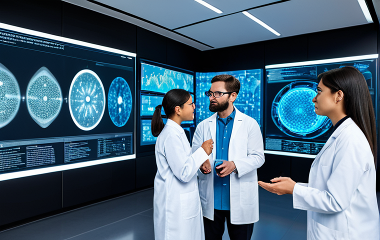 A diverse group of professional scientists and engineers, fully clothed in modest lab coats and appropriate professional attire, collaborating in a futuristic research laboratory. They are looking at and interacting with large, glowing holographic displays showing complex AI algorithms, molecular structures, and medical data visualizations. The lab is clean, sterile, and brightly lit, conveying innovation and cutting-edge technology. safe for work, appropriate content, perfect anatomy, correct proportions, natural pose, well-formed hands, proper finger count, professional, family-friendly, high-quality, ultra-detailed.